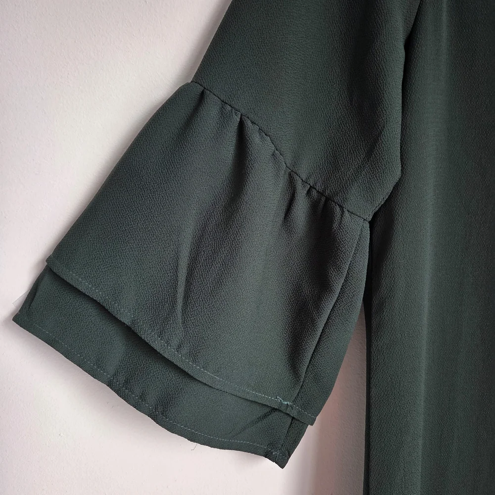 Belongsci Dark Green Loose Fit Shift Mini Dress 3/4 Tiered Bell Sleeve Size M - Picture 5 of 10
